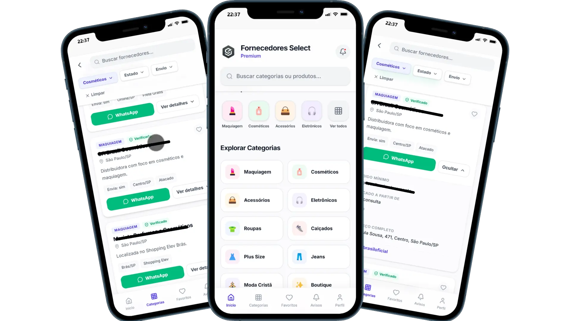 Telas do aplicativo Fornecedores Select